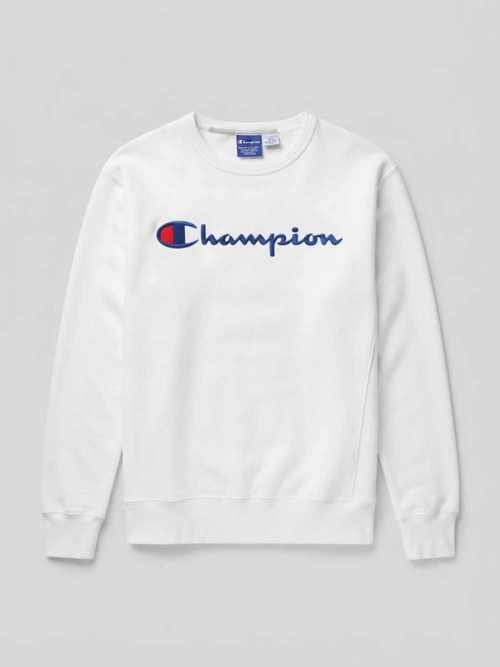 Champion White Crewneck Sweatshirt with Blue & Red Script Logo